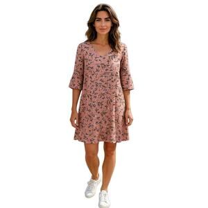 Belongsei Pink Floral Print‎ 3/4 Sleeve Flared Cuff Side Slit Mini Dress Size L